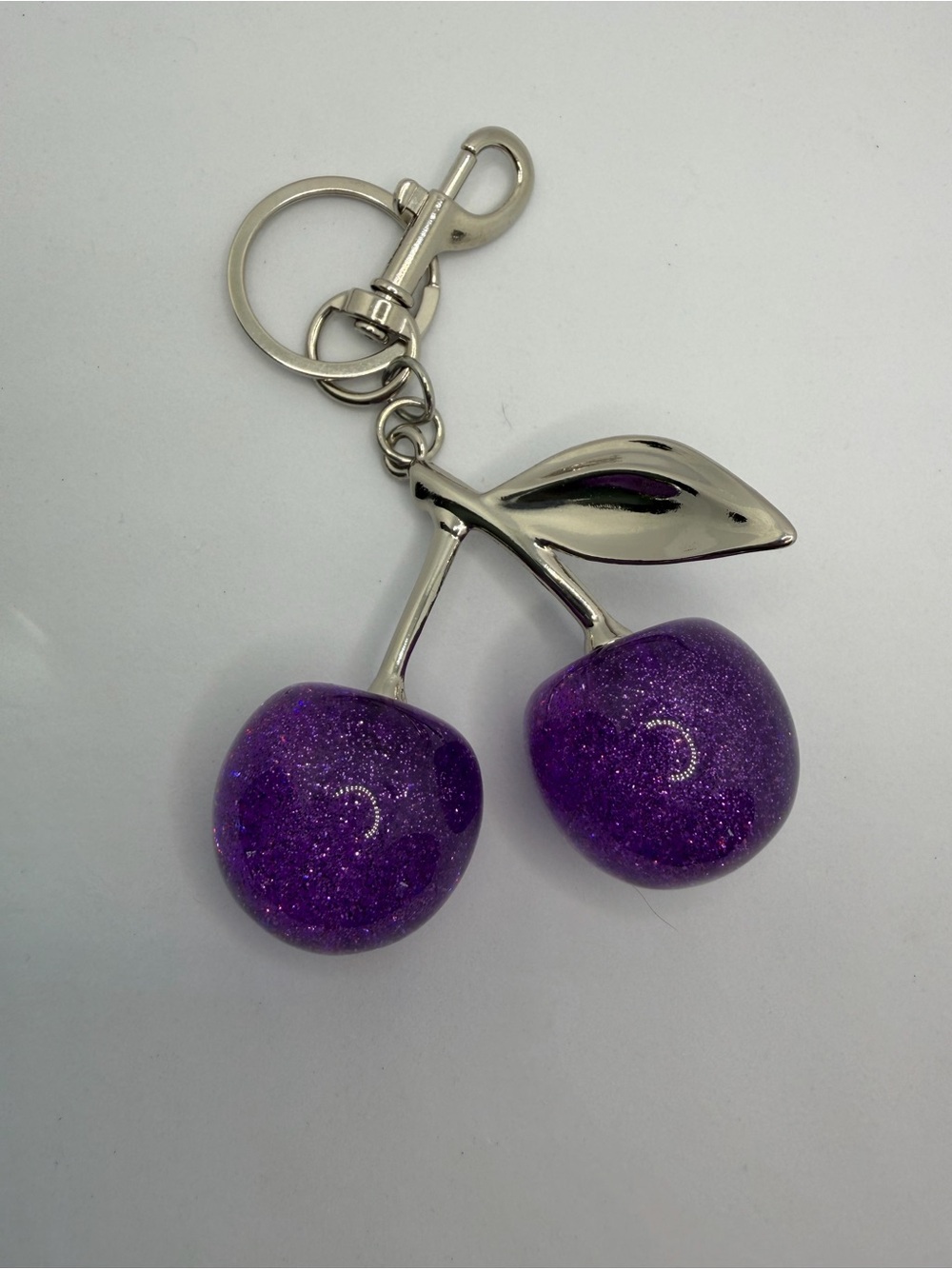 Glitter Purple Cherry Keychain with Silver Stem - Picture 3 of 4